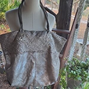 Chico's Metallic Gold Woven Accent Roomy Leather Tote Bag
